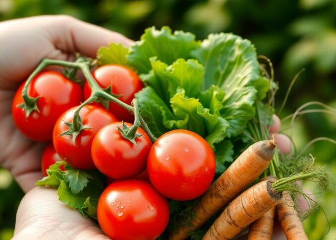 Main tenant des légumes bio frais, symbole de qualité.